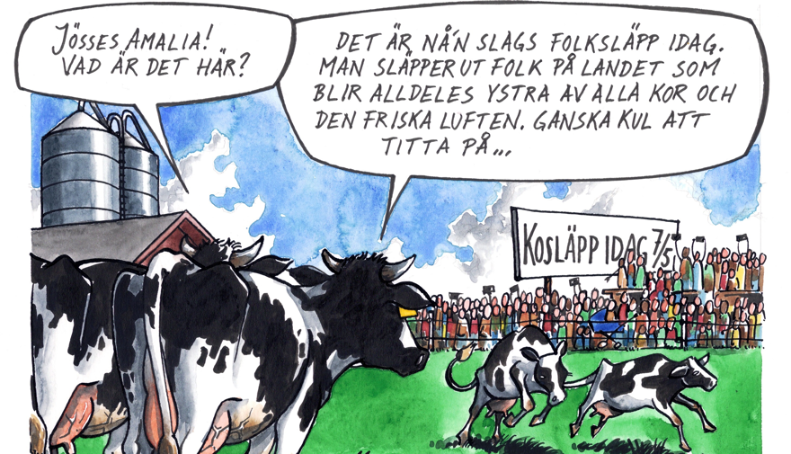 Tecknad bild med Kosläpp och pratbubblor